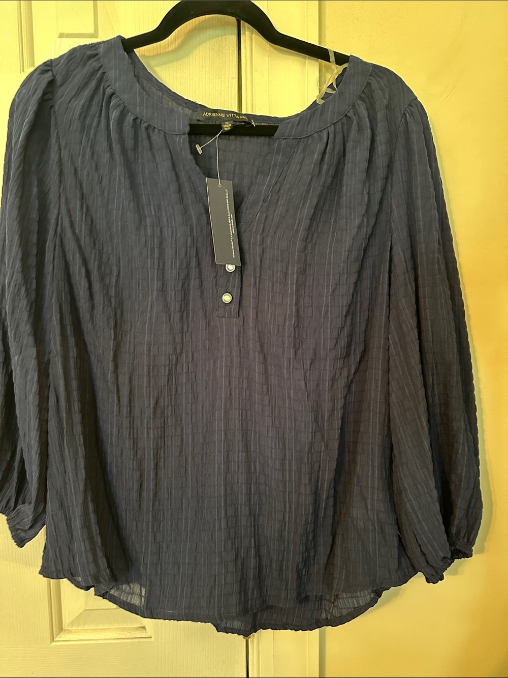 Adrienne Vittadini Navy Crinkle Button-Front Peasant Blouse